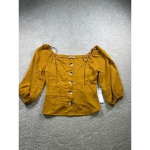Crescent & Willough Mustard Button-Down Blouse Size‎ L Boho Peasant